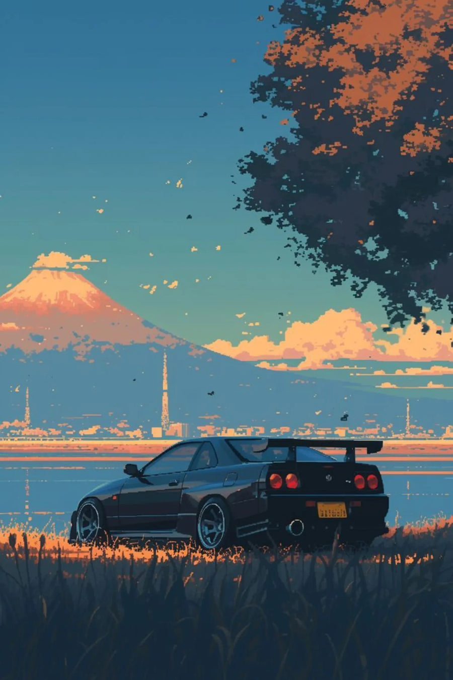 Retro Japanese Car and Mount Fiji Metal Posters | Premium, Waterproof & Magnet-Mounted Art