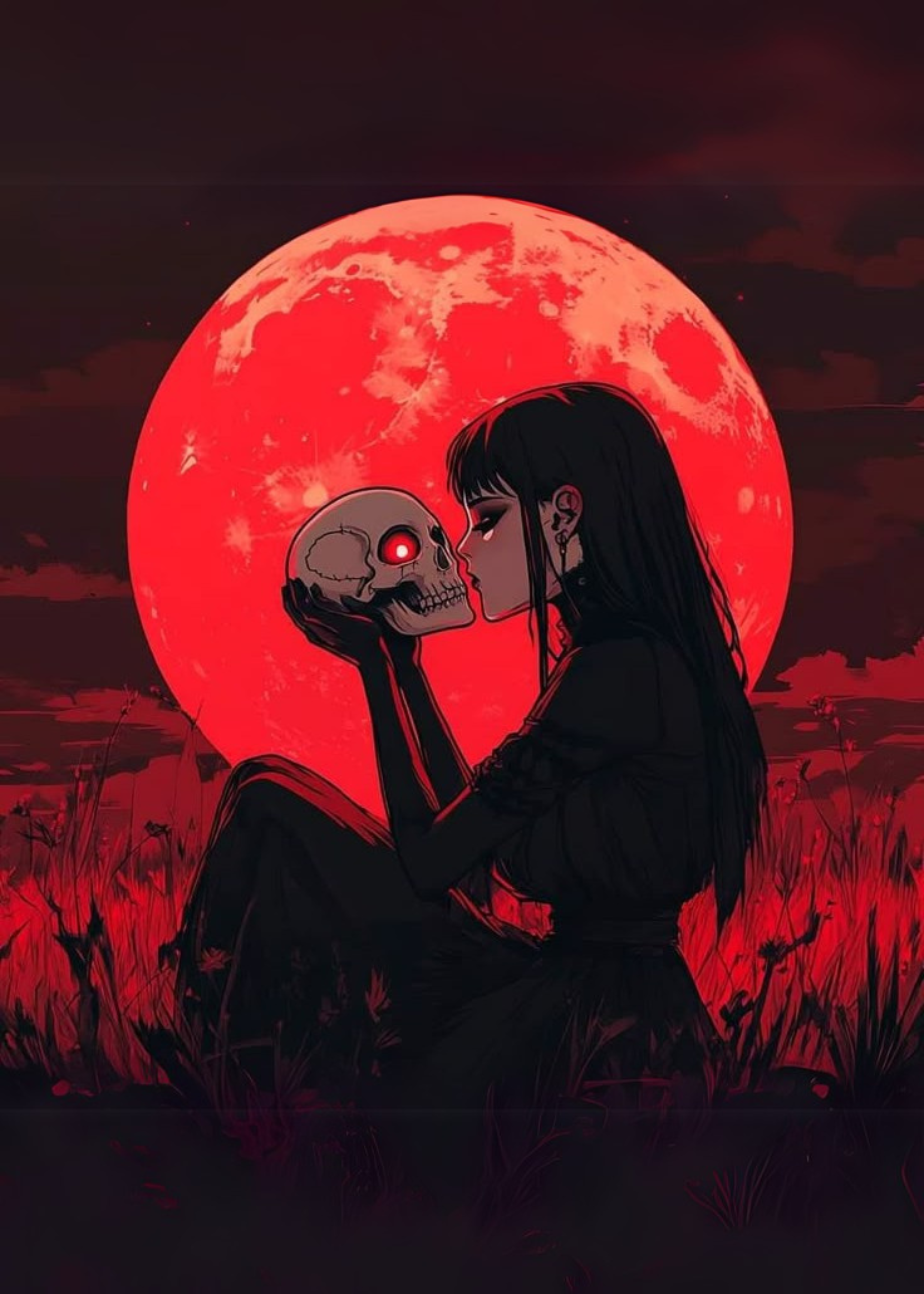 Girl Kissing Skull under Red Moon Metal Poster Metal Posters | Premium, Waterproof & Magnet-Mounted Art