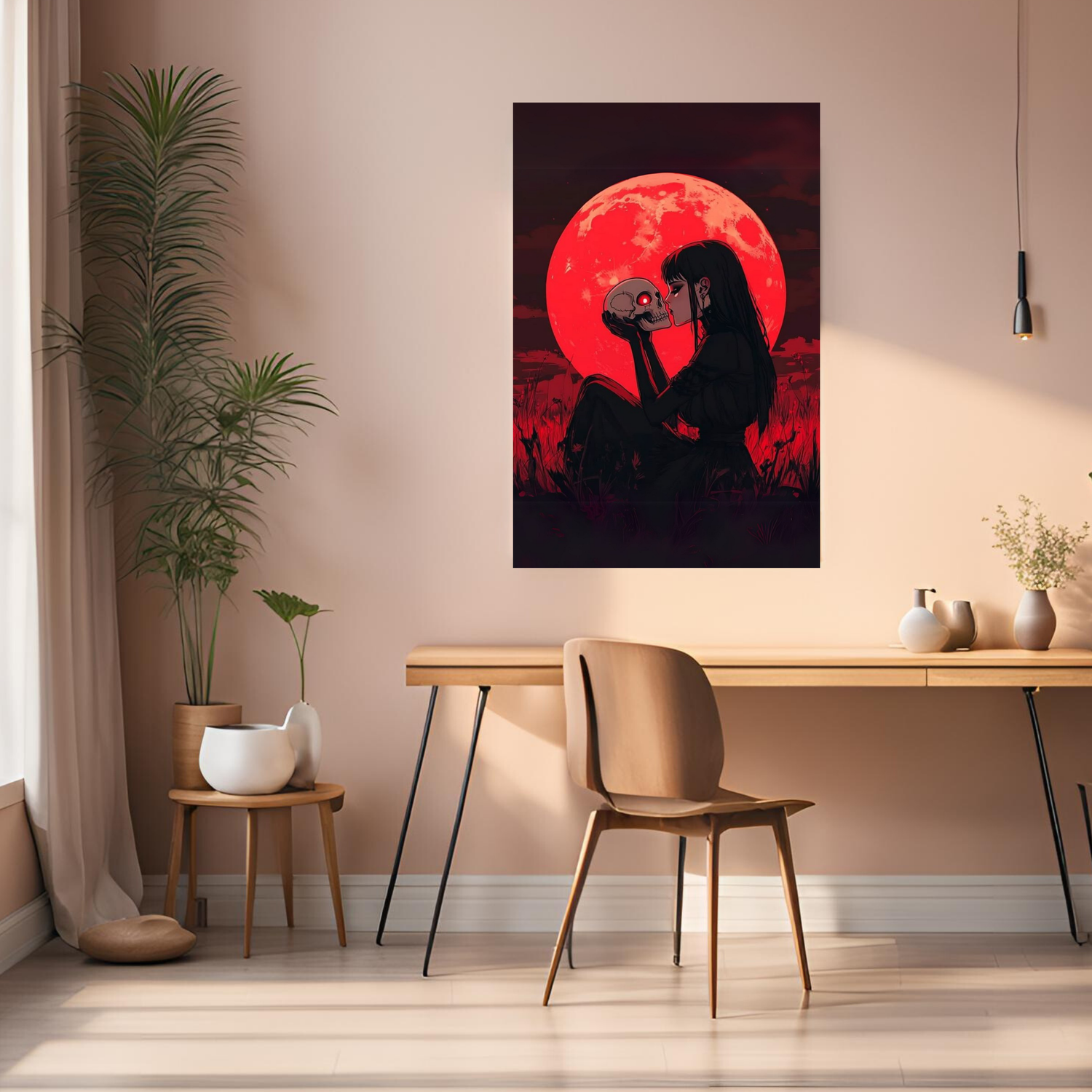 Girl Kissing Skull under Red Moon Metal Poster Metal Posters | Premium, Waterproof & Magnet-Mounted Art
