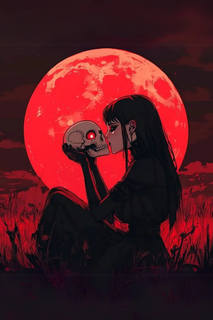 Girl Kissing Skull under Red Moon Metal Poster Metal Posters | Premium, Waterproof & Magnet-Mounted Art
