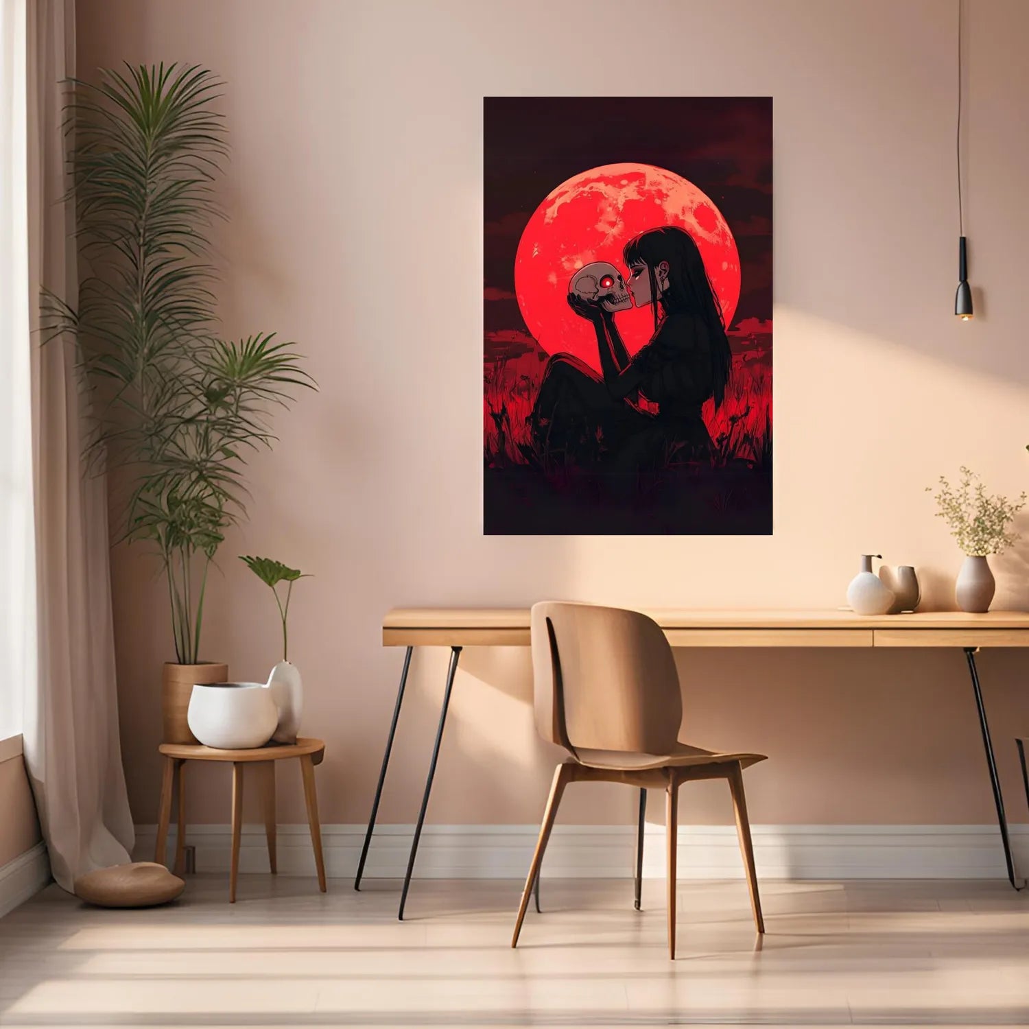 Girl Kissing Skull under Red Moon Metal Poster Metal Posters | Premium, Waterproof & Magnet-Mounted Art