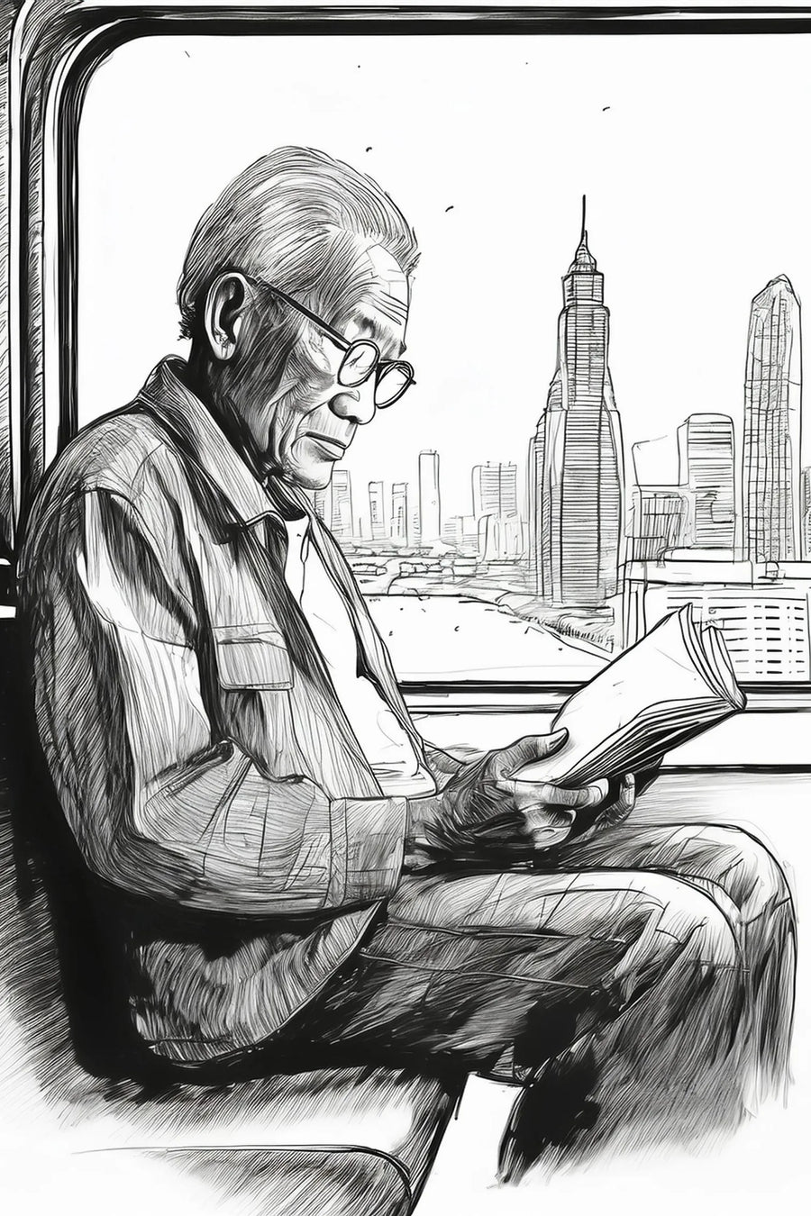 Japanese man reading Ilustration Metal Wall Posters | Premium, Waterproof & Magnet-Mounted Art