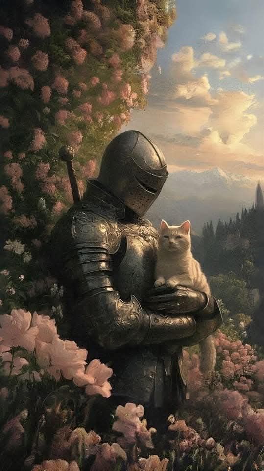 Knight Holding Cat in Garden Metal Posters | Premium, Waterproof & Magnet-Mounted Art