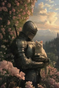 Knight Holding Cat in Garden Metal Posters | Premium, Waterproof & Magnet-Mounted Art
