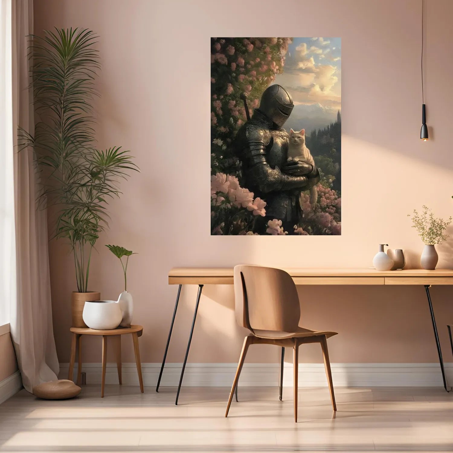 Knight Holding Cat in Garden Metal Posters | Premium, Waterproof & Magnet-Mounted Art