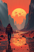 Man walking between Mountains on Alien Planet Metal Wall Posters | Premium, Waterproof & Magnet-Mounted Art