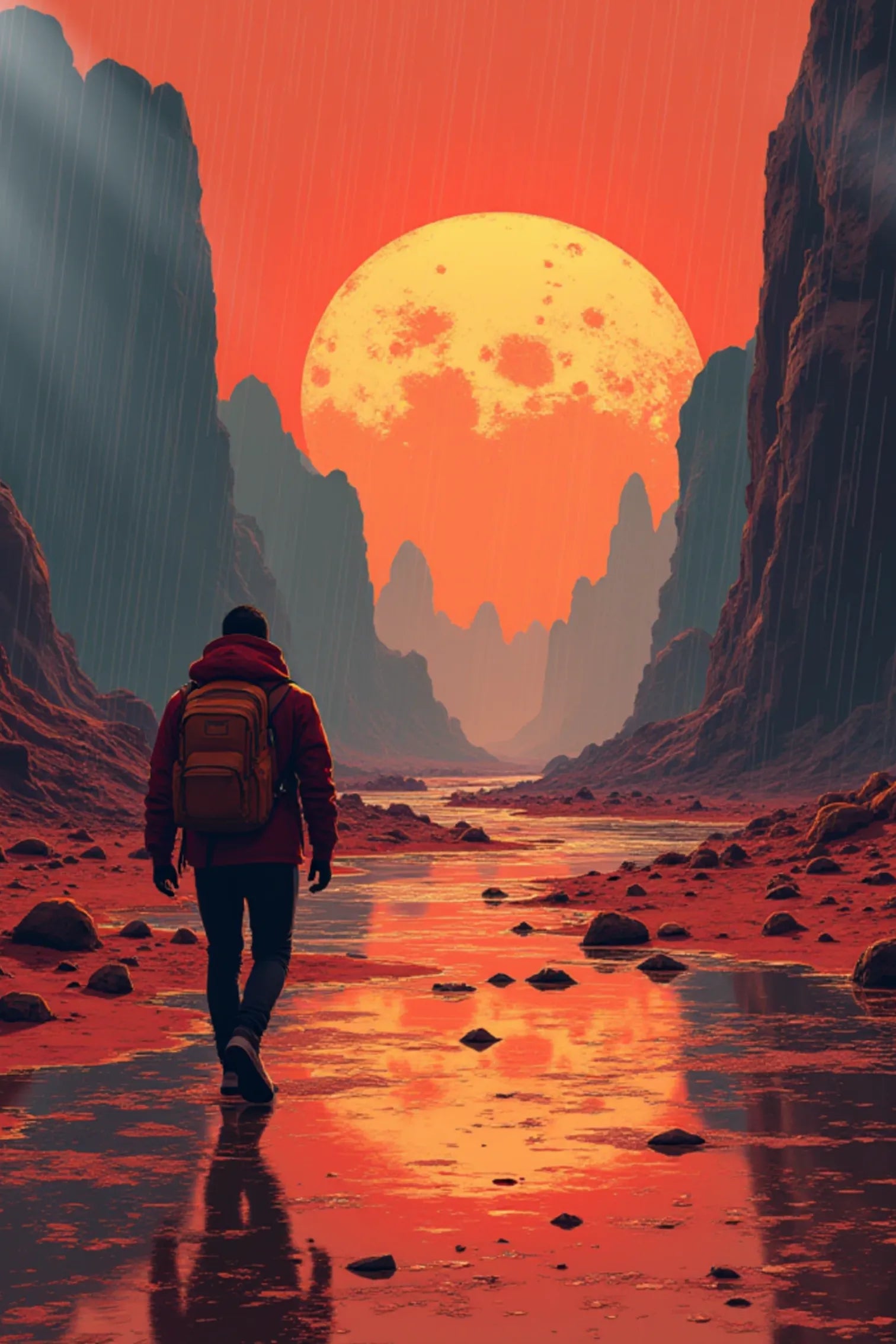 Man walking between Mountains on Alien Planet Metal Wall Posters | Premium, Waterproof & Magnet-Mounted Art