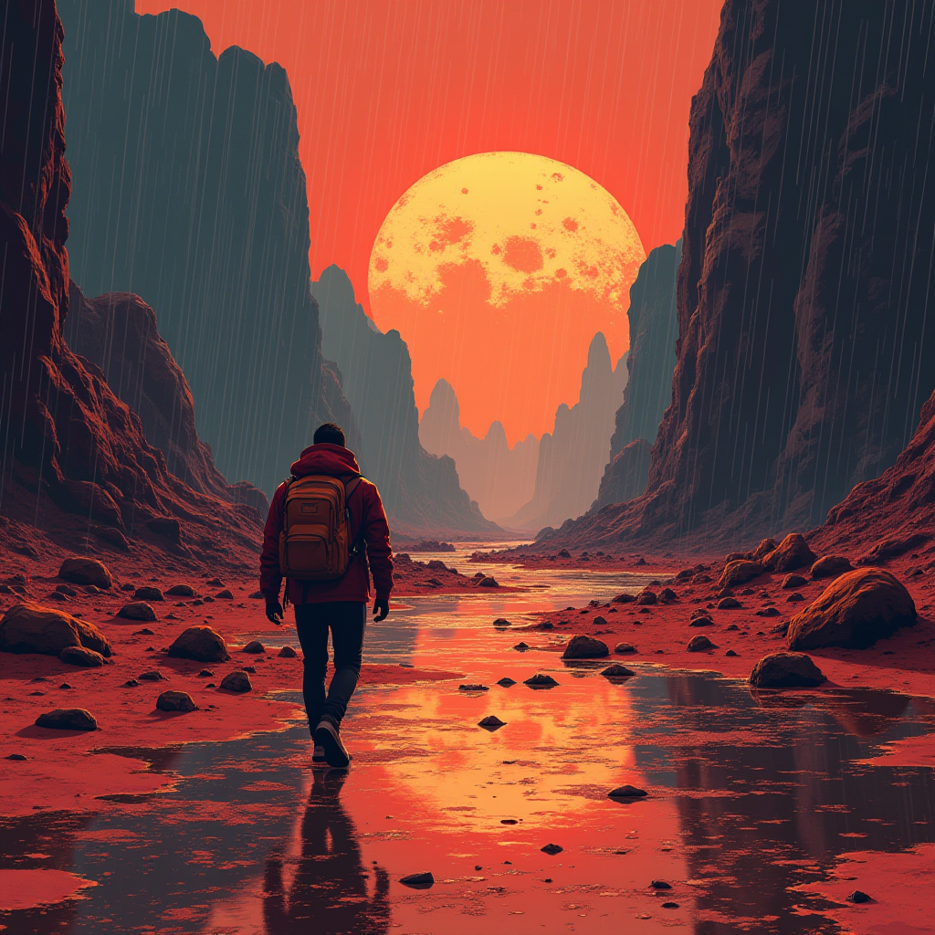 Man walking between Mountains on Alien Planet Metal Wall Posters | Premium, Waterproof & Magnet-Mounted Art