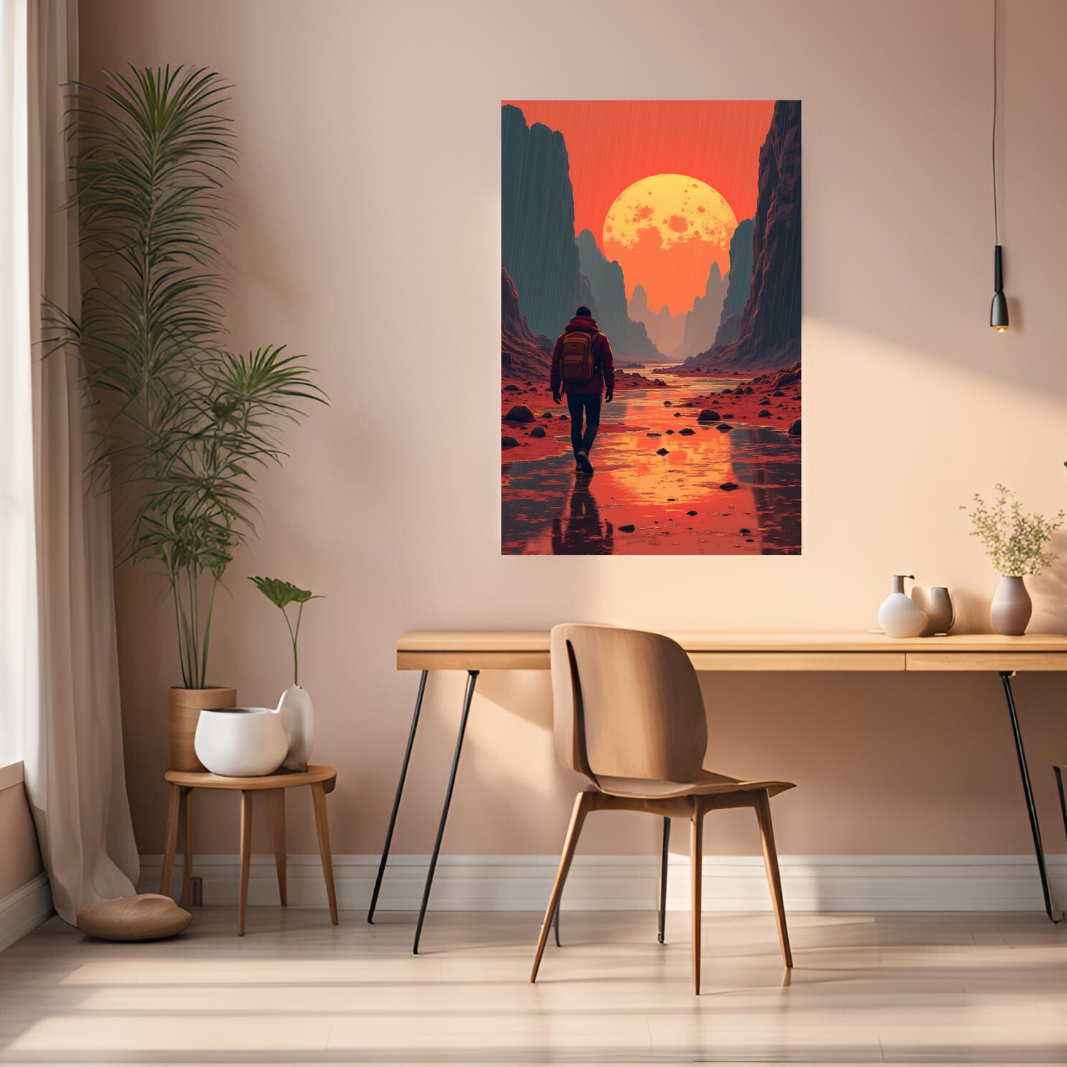 Man walking between Mountains on Alien Planet Metal Wall Posters | Premium, Waterproof & Magnet-Mounted Art