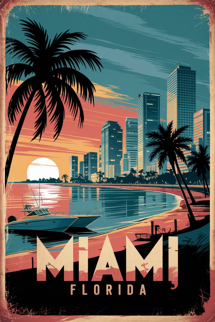 Miami Florida USA Art Metal Posters | Premium, Waterproof & Magnet-Mounted Art