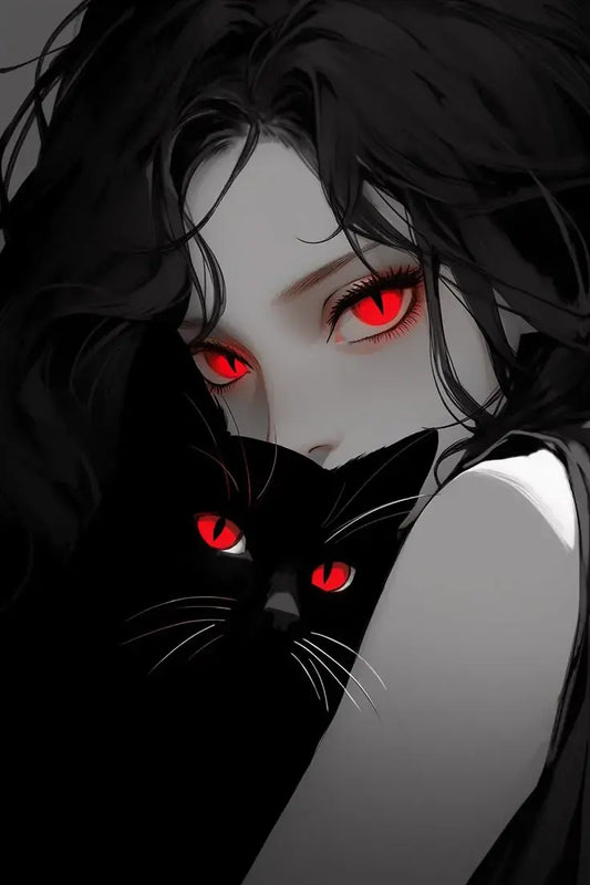 Red Eyes Girl and Cat Metal Posters | Premium, Waterproof & Magnet-Mounted Art