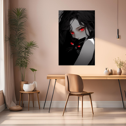Red Eyes Girl and Cat Metal Posters | Premium, Waterproof & Magnet-Mounted Art