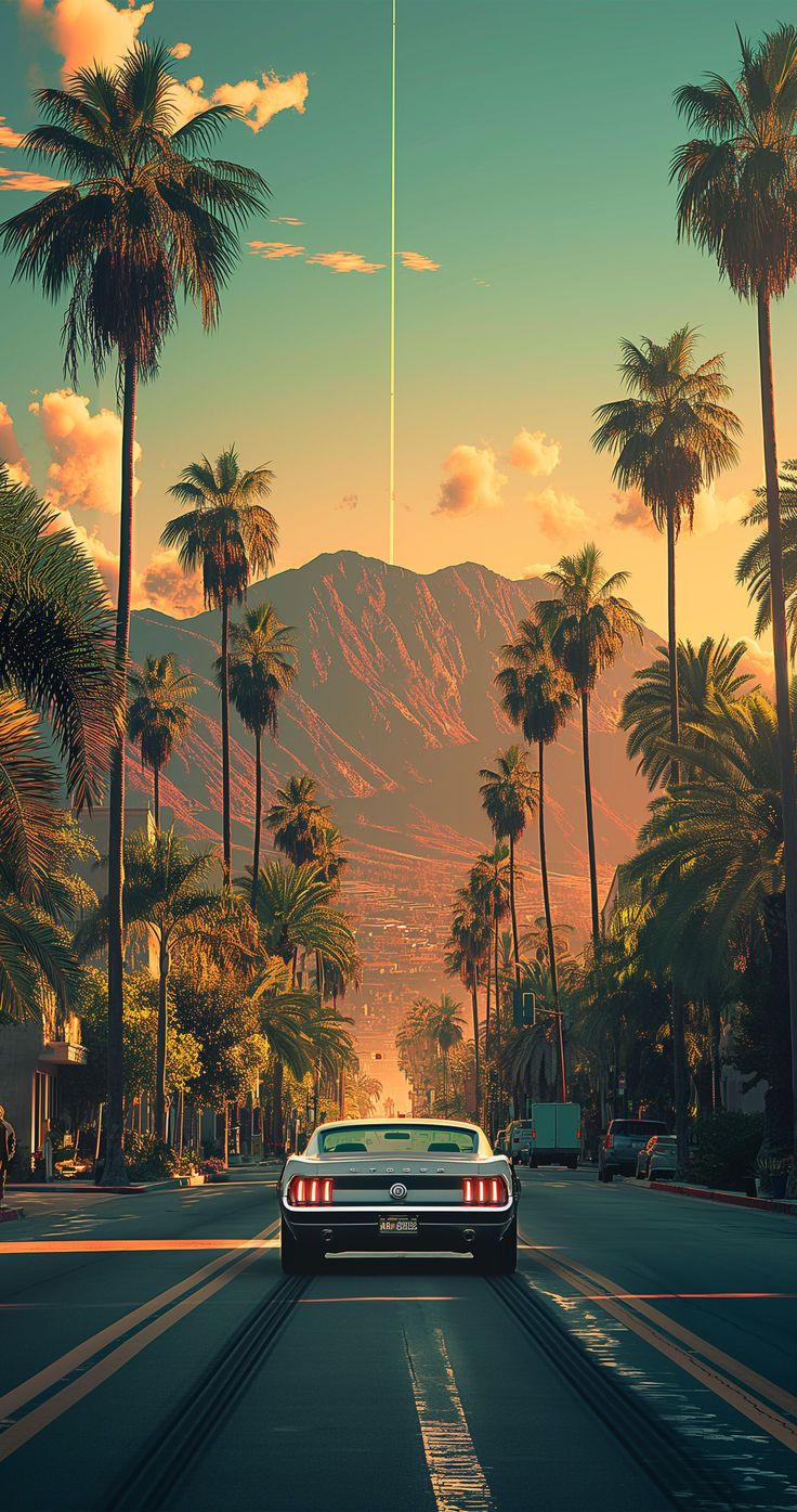 Retro Car in City Horizon Metal Poster | Premium, Waterproof & Magnet-Mounted Art