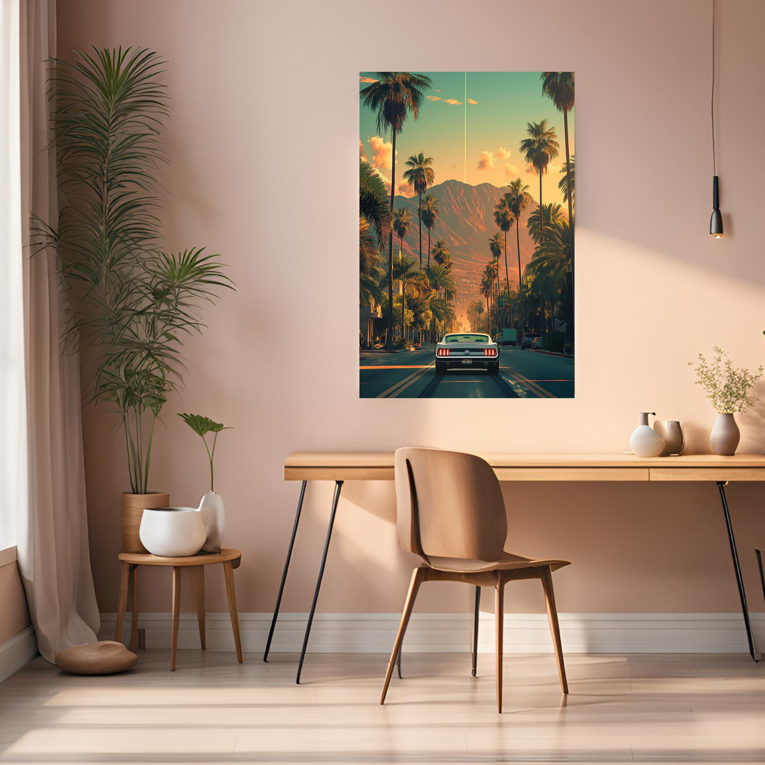 Retro Car in City Horizon Metal Poster | Premium, Waterproof & Magnet-Mounted Art