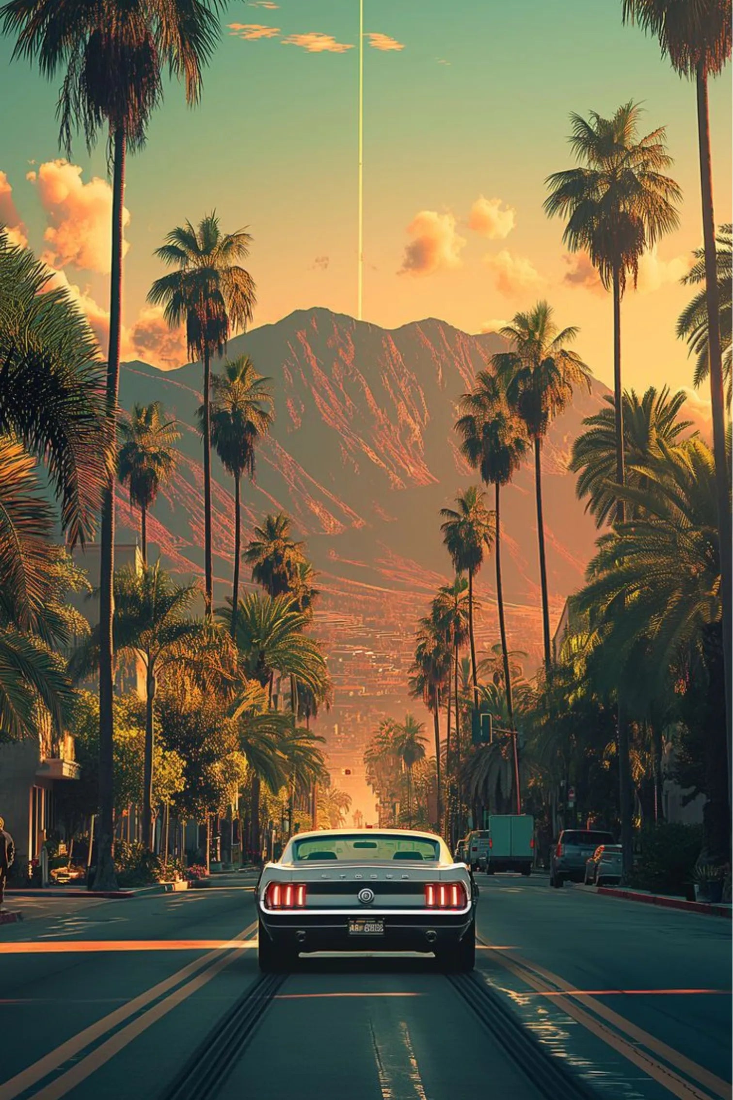 Retro Car in City Horizon Metal Poster | Premium, Waterproof & Magnet-Mounted Art
