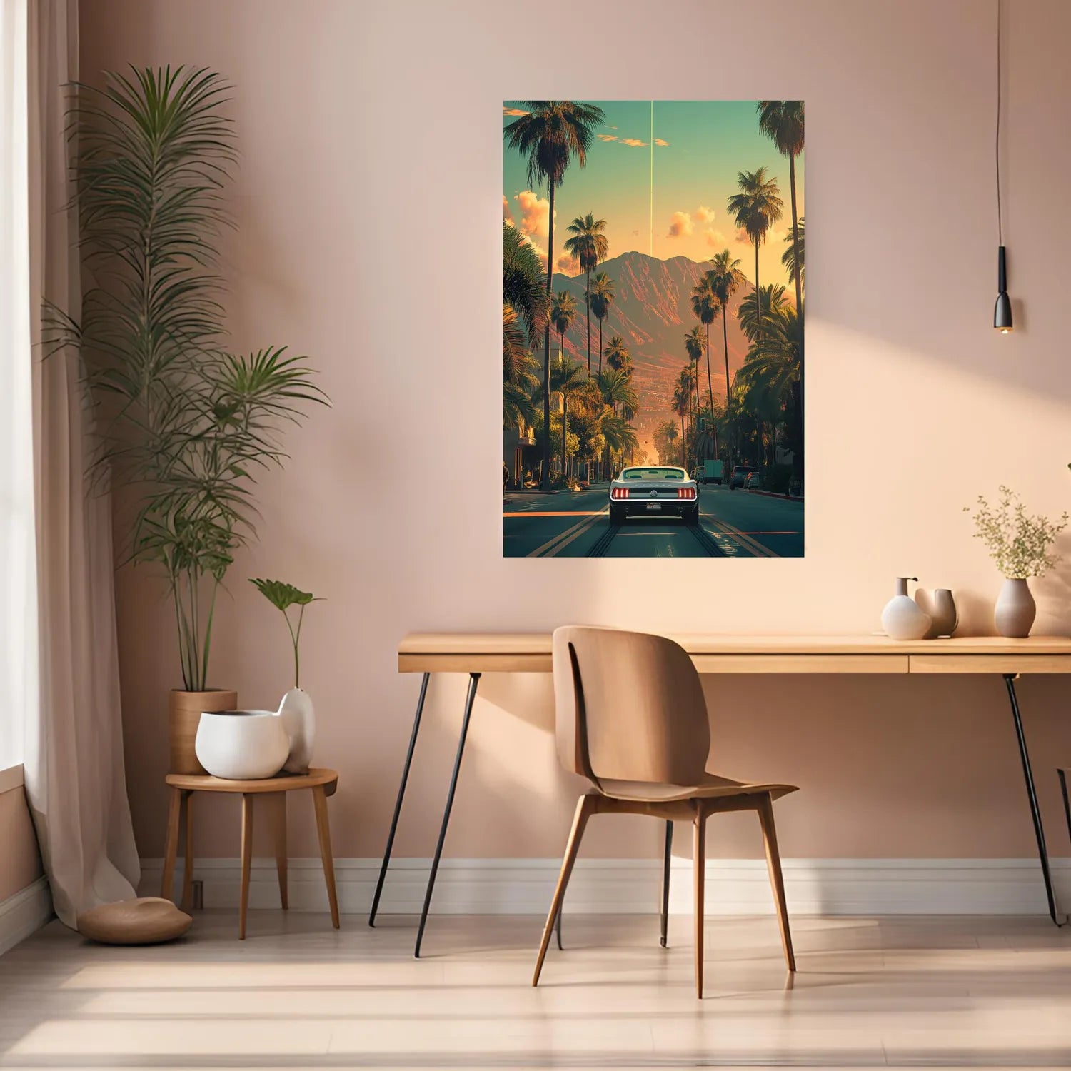 Retro Car in City Horizon Metal Poster | Premium, Waterproof & Magnet-Mounted Art