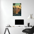 Retro Car in City Horizon Metal Poster | Premium, Waterproof & Magnet-Mounted Art