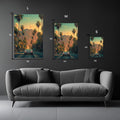 Retro Car in City Horizon Metal Poster | Premium, Waterproof & Magnet-Mounted Art