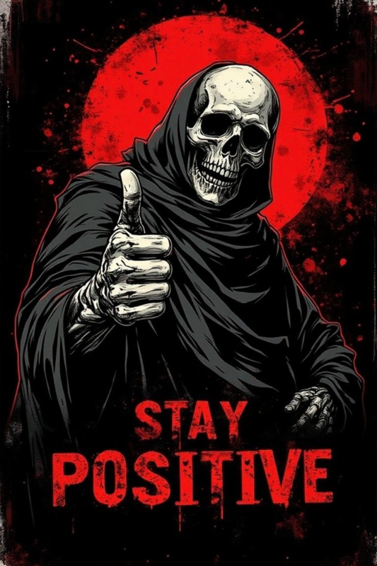 Skeleton Stay Postive Wall  Metal Posters | Premium, Waterproof & Magnet-Mounted Art