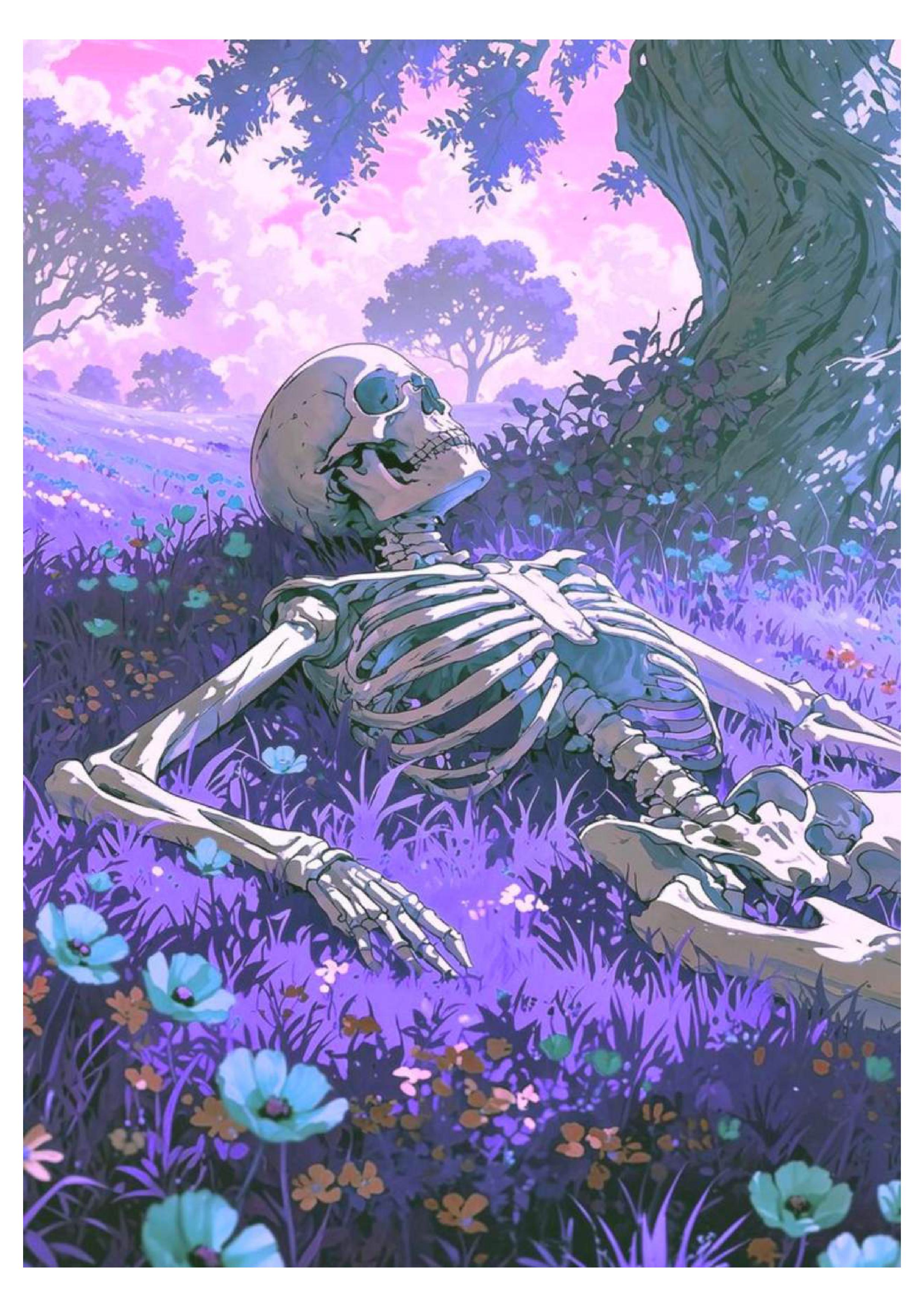 Skeleton resting in Violet Gardens | Premium, Waterproof & Magnet-Mounted Art